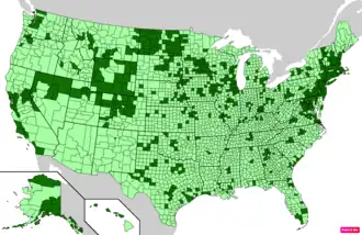 Counties in the United States by median family household income according to the U.S. Census Bureau American Community Survey 2013–2017 5-Year Estimates.[277] Counties with median family household incomes higher than the United States as a whole are in full green.