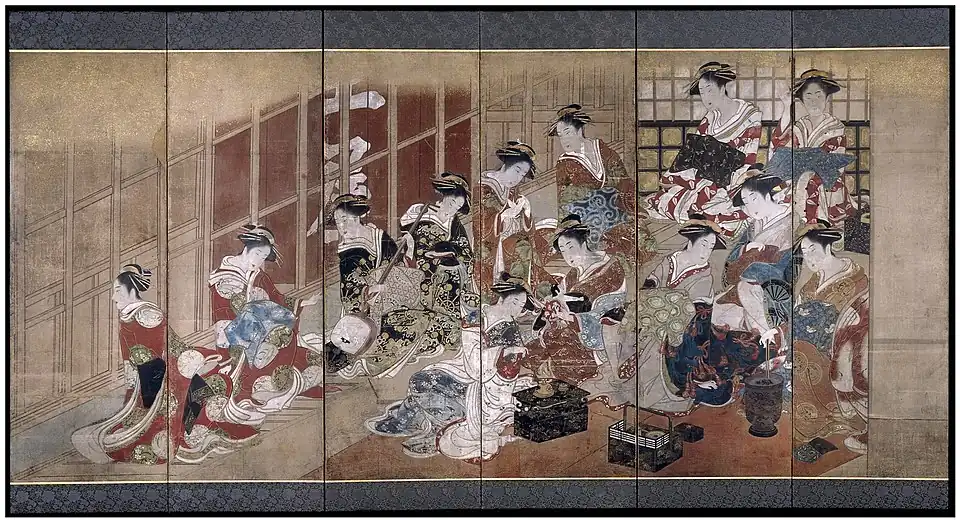 Courtesans of the Tamaya House Toyoharu, byōbu screen painting, c. 1770s–80s