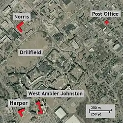 Building locations depicted in red