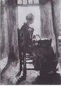 Peasant Woman Seated before an Open Door, Peeling Potatoes (b/w copy of painting), 1885, Private collection (F73)