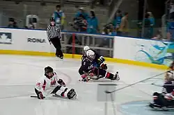 In-game action photo of sled hockey players propelling themselves with sticks