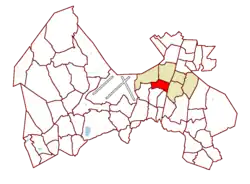 Location on the map of Vantaa, with the district in red and the major region in light brown
