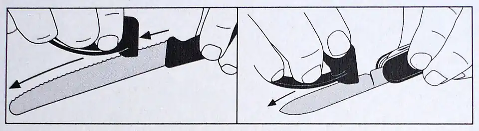 Instruction for using the sharpener. Pull 2 to 4 times over the cutting edge with pressure, then 4 to 6 times over the cutting edge with light pressure to smooth the edge.