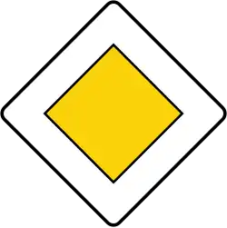 Priority road (priority at all following intersections up to an end-of-priority-road, yield or stop sign). In some countries, the meaning was changed to the next intersection only.