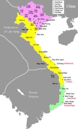 Map of Vietnam from 1540 to 1592 during Southern and Northern Dynasties period shows the division of Đại Việt between   Mạc dynasty   Lê dynasty under command of Nguyễn Kim   Kingdom of Champa .