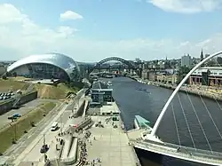 View from the west-facing window of Baltic. The Sage, Gateshead Millennium Bridge, and Tyne Bridge are all visible.