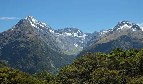 Mount Christina, Mount Crosscut, and Mount Lyttle from Key Summit