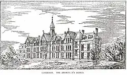 An engraving of the school at Caterham designed by E.C Robins. An original is held in the Wellcome Collection[10] as well as the school's archive.