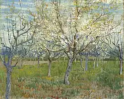 A painting of a blossoming orchard of trees under a bright blue sky.
