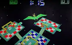 Screenshot of the Virtuality Dactyl Nightmare VR game showing several checker board platforms rendered in flat shaded polygons. A green pterodactyl flies overhead having just released a player avatar.