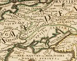 Map of Eastern Europe by Vincenzo Coronelli (1690). The lands around Kyiv are shown as Ukraine ou pays des Cosaques ('Ukraine or the land of Cossacks').