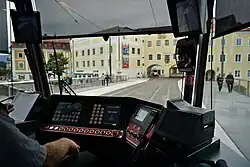 Driver's control desk in a tram
