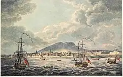 Montreal occupied, viewed from the East with Royal Navy vessels in foreground