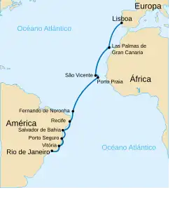 Route of the first to cross the South Atlantic Ocean by air