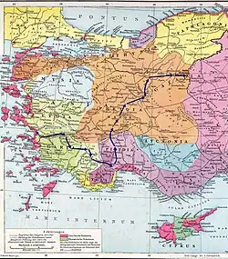 A color map centered on western Asia Minor/Turkey. The provinces are marked in different colors and lines with arrows at their end indicate the cities Vulso passed by on his march