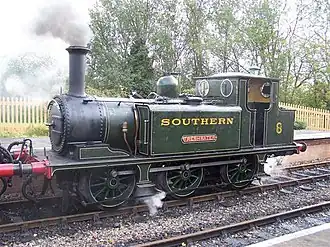 Freshwater visiting the Bluebell Railway (November 2006). The engine has an extended &quot;Isle of Wight&quot; coal bunker (with a higher coal capacity for longer journeys), which finishes closer to the end of the frames.
