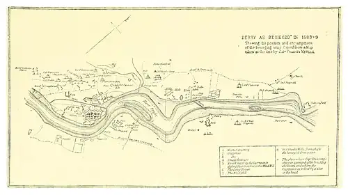 A hand-drawn map of a river with a walled town on the left