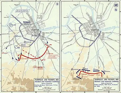 Map shows both days of the Battle of Nashville.