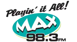 The official logo of radio station WWRZ "MAX 98.3" in Lakeland, FL. This logo uses the original slogan "Playin' It All!" slogan used from 2006 to 2021 and from January 6th, 2025 to now. The logo is a large turquoise oval with a lime-green offset stroke, covered by the word "MAX" in bloated block text. The characters "98.3FM" are superimposed halfway beneath the oval, and the slogan "Playin' it All!" is placed above the oval in italicized script text.