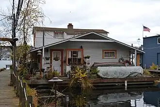 The NRHP-listed Wagner Houseboat, home of Dick Wagner, former president of the Floating Homes Association and founder of the Center for Wooden Boats.