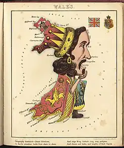 Map of Wales personified as a medieval king.