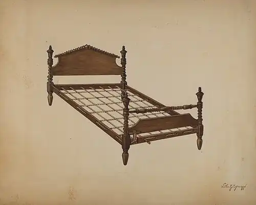 Traditional American rope bed, circa 1939. Note loops of rope through frame, and tensioning wedge at near corner.
