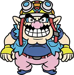 An overweight character with pointy ears, a pink nose, thick eyebrows, muscular arms and a wavy moustache. He wears a navy blue shirt with a light blue jacket, pink pants with a red belt, blue shoes, and yellow biker gloves with a blue W. On his head, a yellow biker helmet with a blue W, goggles, and a red strap.