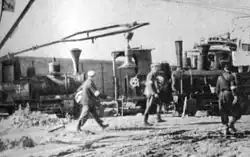 Improvised barricade made of train engines