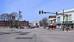 Looking west across the square from the middle of North Beacon Street (2025)
