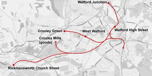 Line arcing south-west from Watford Junction to Rickmansworth, with two northbound branches to Croxley Green and Croxley Mills