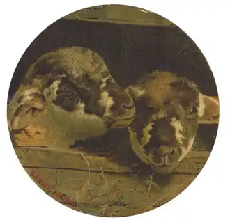 Two lambs in a barn, signed and dated 'W. J. Webb April 1853' (lower left), oil on board