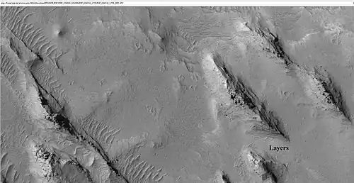 Yardangs showing layers, as seen by HiRISE under HiWish program Location is Aeolis quadrangle.