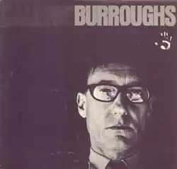 Black and white photograph of the face of William S. Burroughs against a black background with plain text reading "Call Me Burroughs".