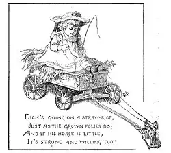 Cartoon of a child sitting in a cart hitched to a much smaller toy horse, as if expecting the horse to pull her along