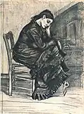 Woman Seated, pencil, pen and brush in black ink, brown/sepia wash, white opaque watercolour, traces of squaring, on laid paper (two sheets), April 1882, Kröller-Müller Museum, Otterlo, The Netherlands (F935, JH143) [48][52][53]