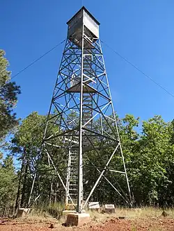 The Woody Mountain Lookout Tower is located by Rogers Lake.