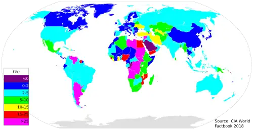 A map of the world with different regions colored in correlating to inflation rates