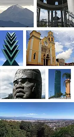 Clockwise, from upper left: Pico de Orizaba, General Juan de la Luz Enríquez Lara tomb, Xalapa Cathedral, Centro Mayor Tower, panoramic view from the Macuiltepetl's Mountain, Olmec colossal head from the Xalapa Museum of Anthropology, Araucaria sculpture.