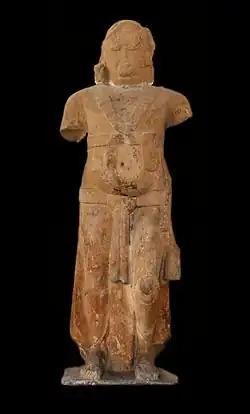 The Parkam Yaksha "Manibhadra", polished grey sandstone, same material as Ashoka pillars. 3rd-1st centuries BCE, possibly immediately post-Mauryan.[22]