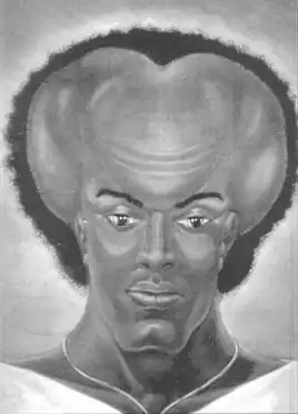 Black and white front-facing drawing of a black man with a bulbous, oversized head.