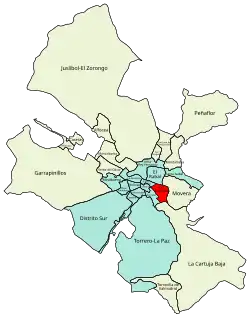 Location of Las Fuentes (in red) in Zaragoza