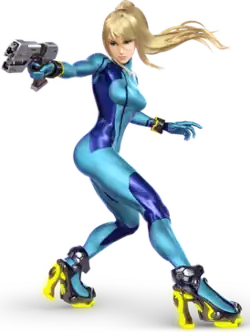 A computer-generated image of a woman wearing a tight-fitting blue suit.