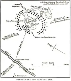 A topographic map drawn of the formation of the battle, it shows a British encampment on the top of a hill completely surrounded by a Zulu army.