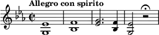 
\relative a' { 
\key ees \major
\time 2/2 
\tempo "Allegro con spirito"
\tempo 4 = 300
<g, ees'>1 
<bes f'>
<g' ees>2. <f bes,>4
<g, ees'>2 r\fermata
}
