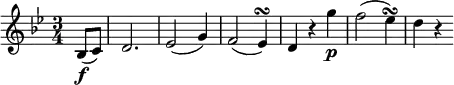 \relative bes {
\key bes \major \time 3/4
\partial 4 bes8(\f c) d2. es2( g4) f2( es4) \turn
d4 r g'4 \p f2( es4) \turn d4 r
}