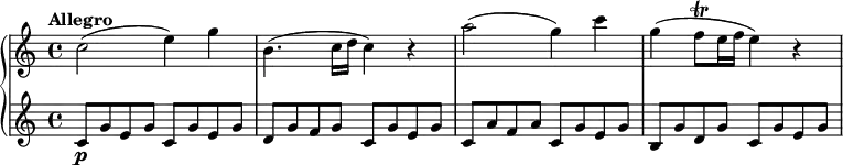 \new PianoStaff { <<
\new Staff \relative c'' { \key c \major \tempo "Allegro" \tempo 4 = 132 \time 4/4 c2( e4) g b,4.( c16 d c4) r4 a'2( g4) c g( f8\trill e16 f e4) r4 }
\new Staff \relative c' { c8\p g' e g c, g' e g d g f g c, g' e g c, a' f a c, g' e g b, g' d g c, g' e g }
>>
}