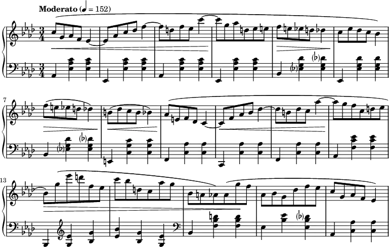 
\language english
\layout { \context { \PianoStaff \accidentalStyle piano-cautionary } }
\new PianoStaff
<<
  \new Staff \fixed c' {
    \key af \major
    c'8( g af f ef4~ | 8 af c' df' f'4~ | 8 d' f' ef' c''4~ | 8 g' af' d' ef' e' |
    f' e' ef' d' df'4 | c'8 ef' df' c' bf4) | f'8( e' ef' d' df'4) | b8( df' c' b bf4) |
    af8( e f df c4~ | 8 f af bf df'4~ | 8 b df' c' af'4~ | 8 g' f' c' d' ef' |
    bf) g'( ef'' d'' f' ef' | c'' bf' d' c' af' g' | bf a af) 8( g' f' | af bf g df' f' ef' |
    c' g af f ef4) |
  }
  \new Dynamics {
    \time 3/4
    \tempo "Moderato" 4 = 152
    s2.*3\< | s2.\! | s2.\> | s2.\! | s2.\> | s2.\< |
    s2.\! | s2.*2\< | s2.\! | s2.*2\> | s2 s4\! |
  }
  \new Staff {
    \clef bass
    \key af \major
    \repeat unfold 2 { af,4 <ef af c'> q | ef, q q | }
    bf, <ef g df'> q | ef, q q | bf, q q | e, <c g c'> q |
    f, <c af> q | c, q q | f, q q | af, <f c' ef'> q |
    bf,, \clef treble <g ef'> <bf g'> | <ef' bf'> <bf g'> <g ef'> \clef bass | bf, <f bf d'> q |
    ef <bf ef'> <ef bf df'> | af, <c af> q |
  }
>>
