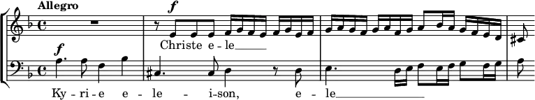 
    { \new StaffGroup <<
        \new Staff <<
            \tempo Allegro
            \set Staff.midiInstrument = #"voice oohs"
            \clef treble \key d \minor \time 4/4
            \relative c'' {
                \set Score.tempoHideNote = ##t \tempo 4 = 90
                \clef treble \key d \minor \time 4/4
                R1 r8 e,^\markup {\dynamic f} e e f16 g f e f g e f g a g f g a f g a8 bes16 a g f e d cis8
                }
            \addlyrics { Chri -- ste e -- le __ _ _ _ }
            >>
        \new Staff <<
            \set Staff.midiInstrument = #"voice oohs"
            \clef bass \key d \minor \time 4/4
            \new Voice \relative c' {
                a4.^\markup {\dynamic f} a8 f4 bes cis,4. cis8 d4 r8 d e4. d16 e f8 e16 f g8 f16 g a8
                }
            \addlyrics { Ky -- ri -- e  e -- le -- i -- son, e -- le __ _ _ _ }
            >>
    >> }
