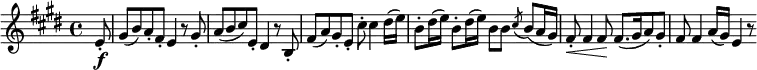  { \relative e' { \key e \major \time 4/4
\partial 8  e8-. \f | gis8( b) a-. fis-. e4 r8 gis-. | a8( b cis) e,-. dis4 r8 b-.|
fis'8( a) gis-. e-. cis'-. cis4 dis16( e) | b8-. dis16( e) b8-. dis16( e) b8 b \acciaccatura cis8 b( a16 gis) |
fis8-. \< fis4 fis8 \! fis8.[( gis16 a8) gis-.] | fis8 fis4 a16( gis) e4 r8 }}
\layout { \context { \Score \override SpacingSpanner.common-shortest-duration = #(ly:make-moment 1/4) }} 