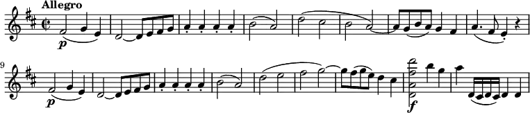 
\relative a' { 
\key d \major
\time 2/2 
\tempo "Allegro"
\tempo 4 = 230
fis2\p (g4 e)
d2~ d8 e fis g
a4\staccato a\staccato a\staccato a\staccato 
b2 (a)
d (cis
b a~)
a8 g (b a) g4 fis4
a4. (fis8 e4\staccato) r 4
fis2\p (g4 e)
d2~ d8 e fis g
a4\staccato a\staccato a\staccato a\staccato 
b2 (a)
d (e
fis g~)
g8 fis (g e) d4 cis4
<d, a' fis' d'>2\f b''4 g
a d,,16 (cis d cis) d4 d4 
}
